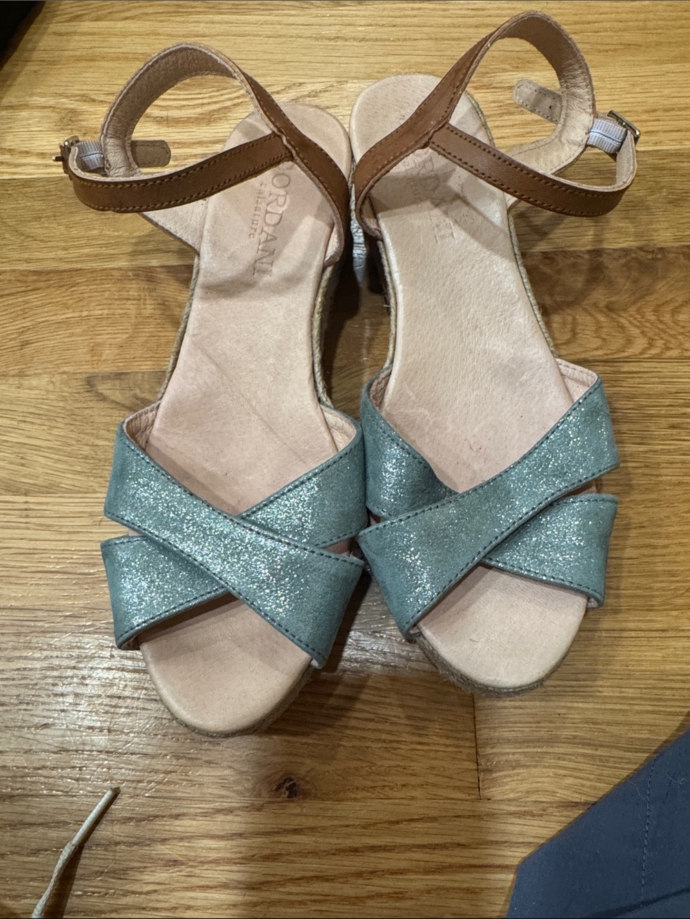 Cordani Metallic Blue & Tan Leather Espadrille Wedge Sandals – Size 39 (US 8.5)